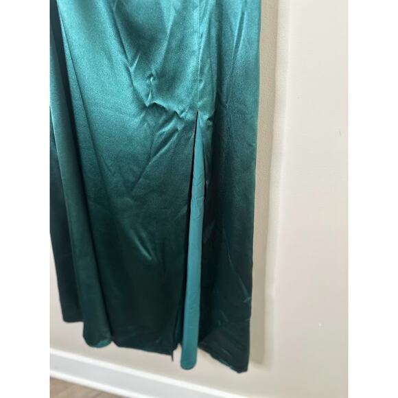 Birdy Grey Satin One Shoulder Maxi Kira Dress L Front Slit Emerald Green Formal - Picture 4 of 10